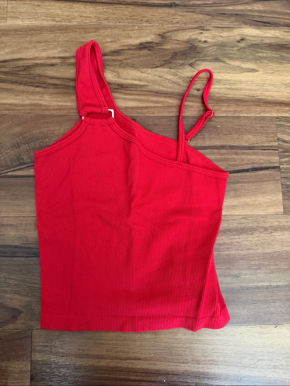 Women's Red Ribbed Asymmetric Strap Tank Top